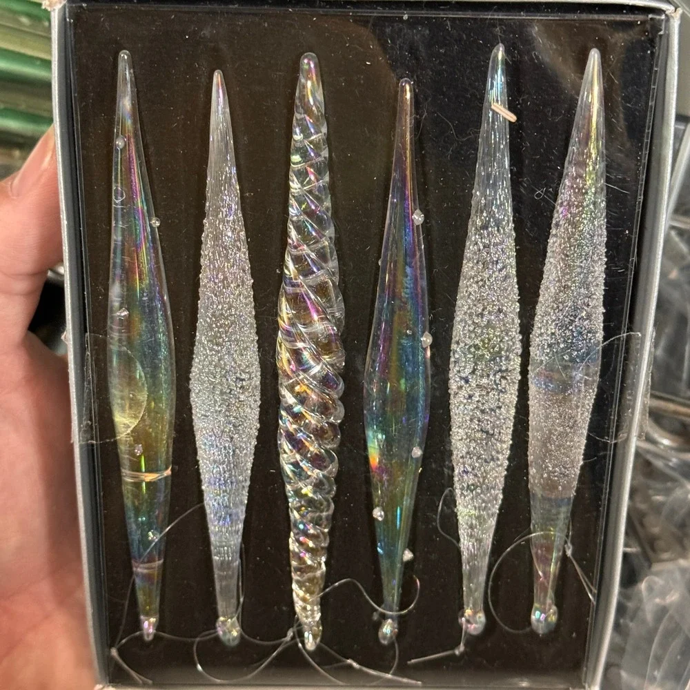 Pier 1 Imports Iridescent Glass Icicle Ornaments 6pc Set Twisted Frosted